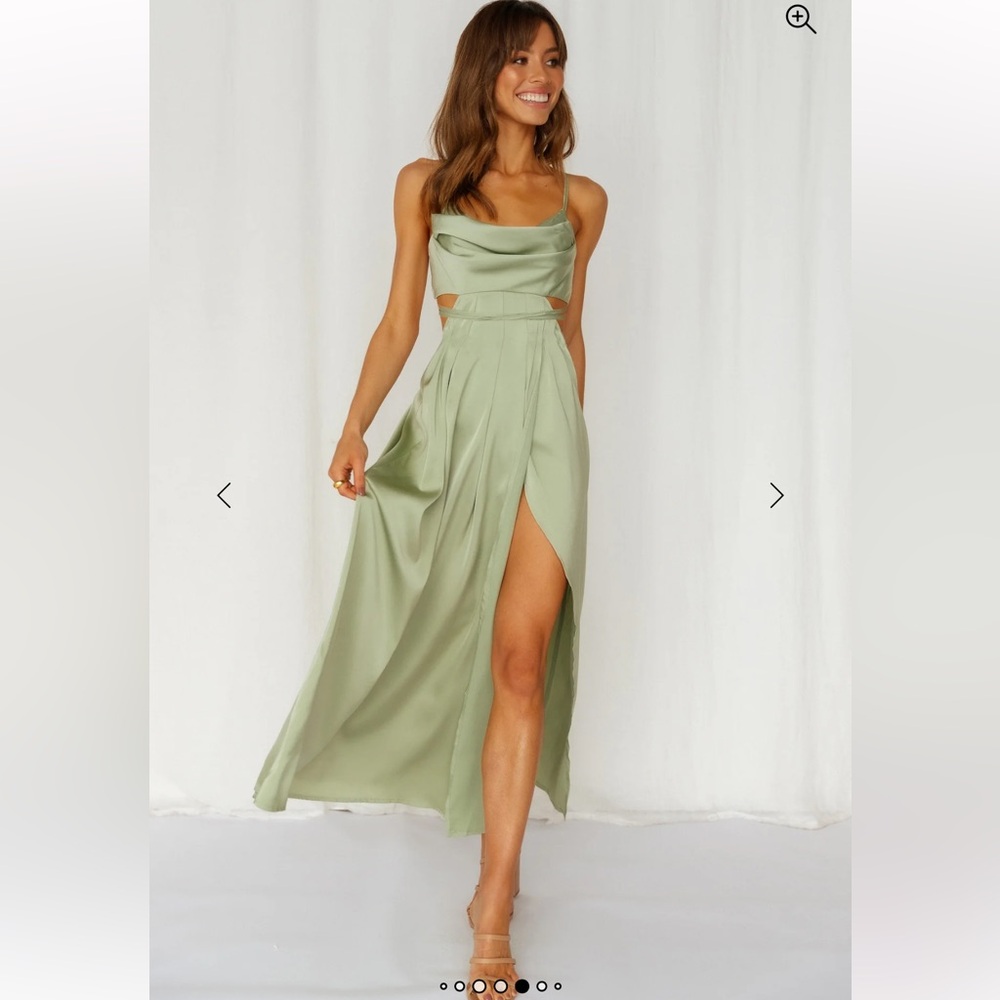 Hello Molly Sage Green Woven Silky Satin Reveal Your Mind‎ Midi Dress NWT Size L